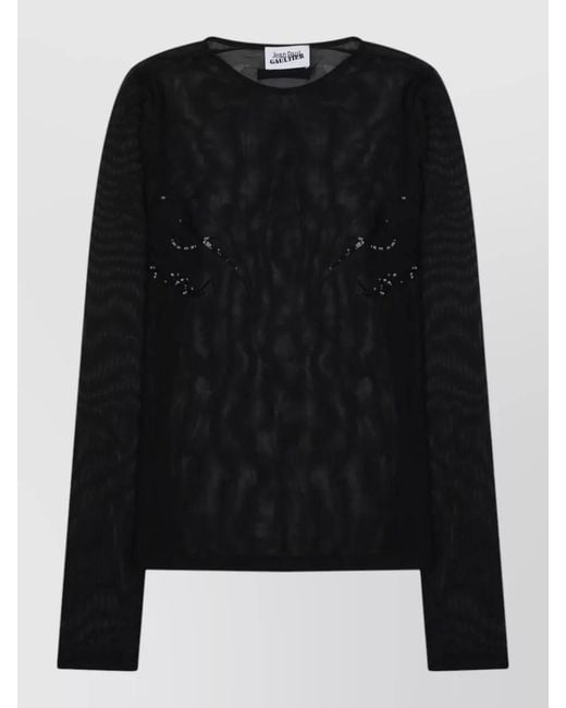 Jean Paul Gaultier Black Embellished Sheer Knit Top Long Sleeves