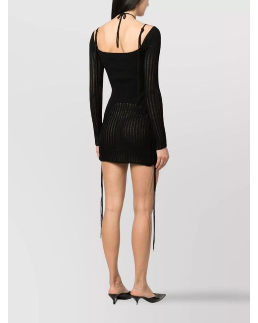 ANDREADAMO Black Ribbed Knit Cutout Halterneck Long-Sleeve Mini Dress