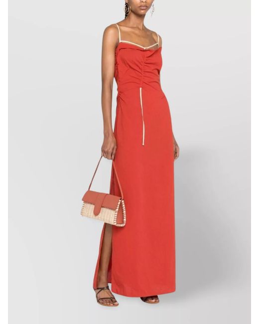 Jacquemus Cotton Draped Gathered Square Neck Spaghetti Strap Ankle-Length Dress