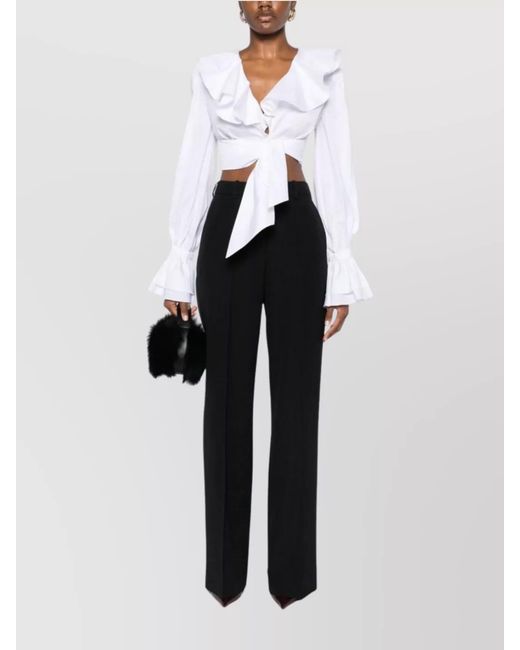 Balmain White Cotton V-Neck Long-Sleeve Blouse