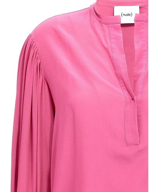 Nude Pink Silk Blouse Long Sleeves V Neck