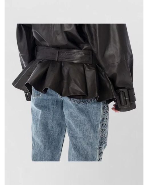 ROTATE BIRGER CHRISTENSEN Black Lamb Leather Belted Peplum Biker Jacket