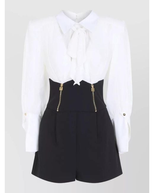 Elisabetta Franchi White Draped Bow Neckline Long-Sleeve Playsuit