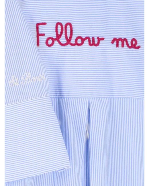 Mc2 Saint Barth Blue Straight Shirt Long Sleeves Striped Collar Embroidered