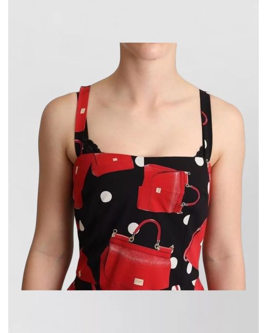 Dolce & Gabbana Red Silk Printed Sleeveless Square-Neck Midi Dress