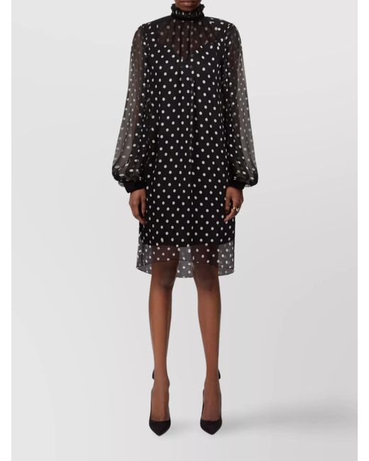 Nina Ricci Black Silk Polka-Dot High-Neck Ruffled Long-Sleeve Mini Dress