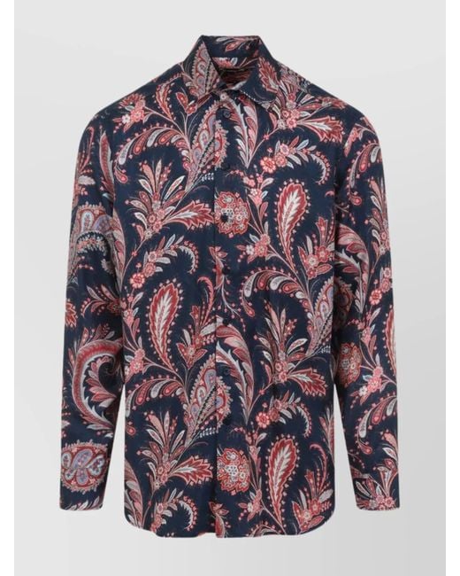 Etro Blue Silk Printed Long-Sleeve Shirt for men