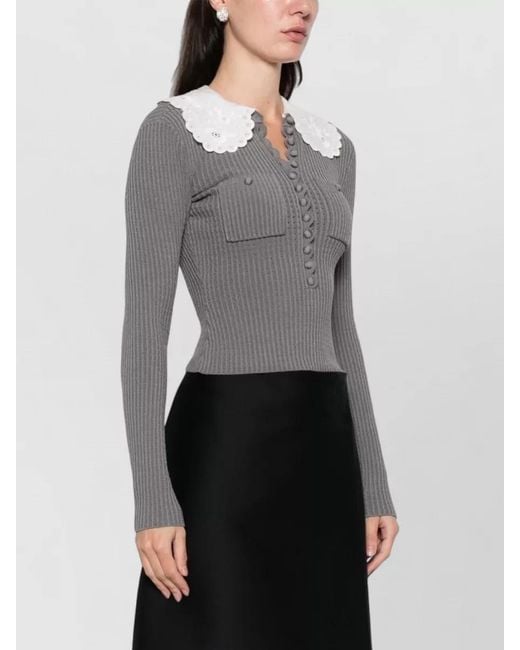 Self-Portrait Gray Sweater Collar Detail Buttons Pockets Scalloped
