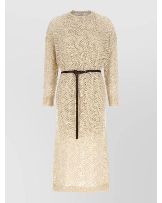 Brunello Cucinelli Natural Leaf Motif Knit Midi Dress Belted