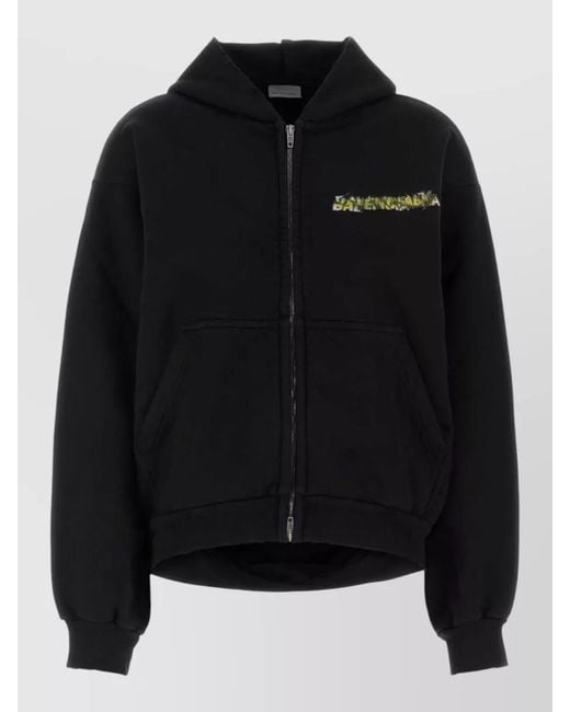 Balenciaga Black Oversize Hooded Cotton Sweatshirt Kangaroo Pockets