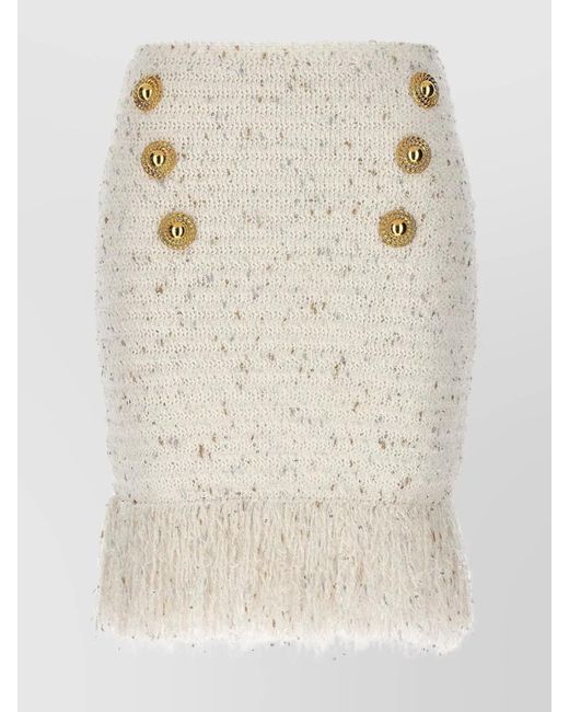 Balmain Natural Fringed Tweed Fitted Skirt