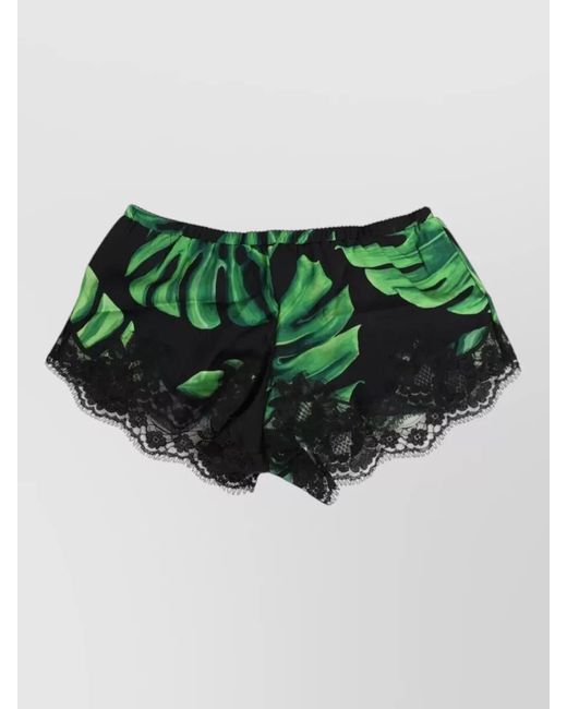 Dolce & Gabbana Green Silk Tropical Print Lace Mini Shorts