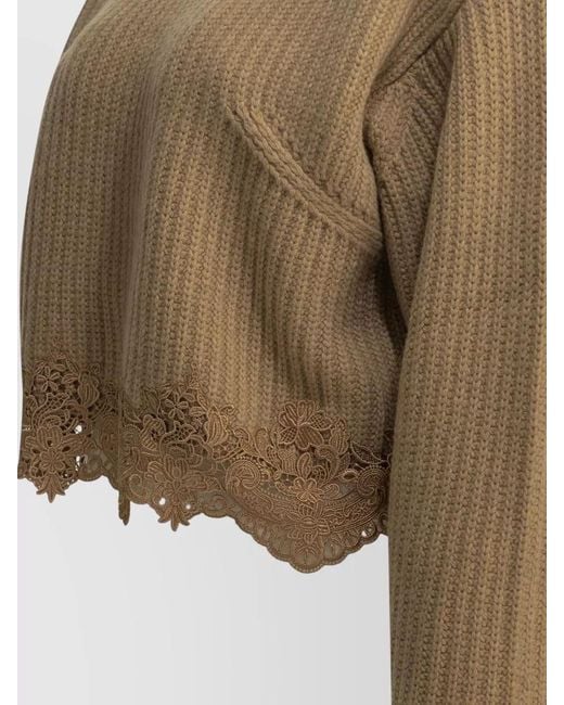Chloé Natural Cashmere Wool Ribbed Cropped Lace-Trim Sweater