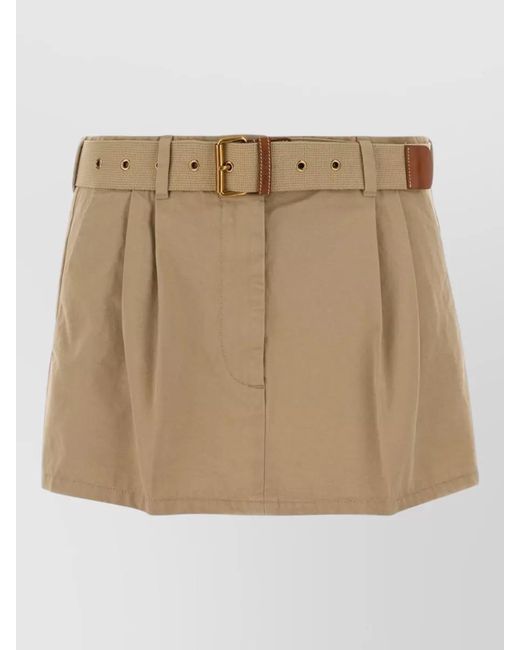 Miu Miu Natural Gabardine Mini Skirt Belted Waist Buttons Pleats
