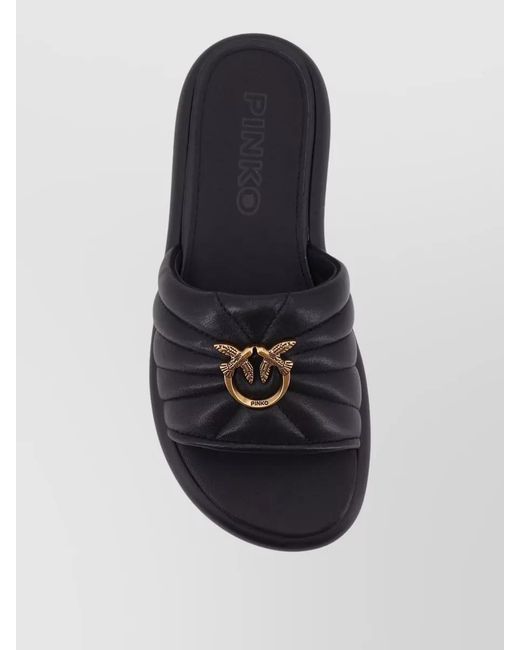 Pinko Black Leather Logo-Embellished Flat Sandals