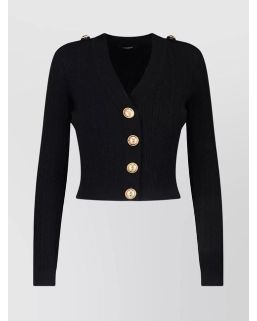 Balmain Blue Ribbed V-Neck Long-Sleeve Cardigan