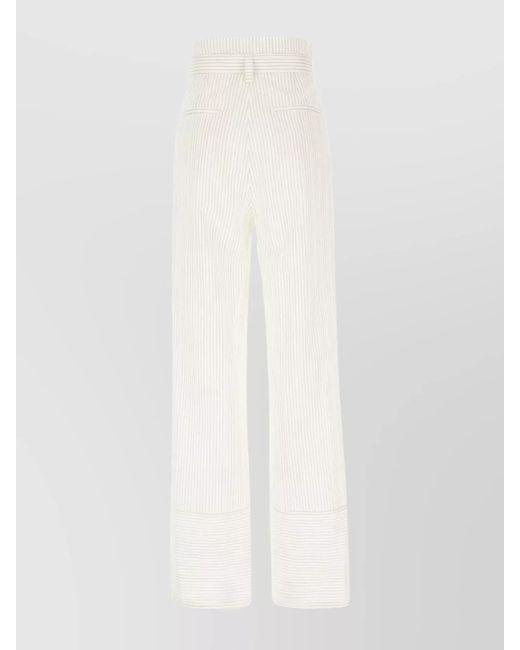 Max Mara White Cotton Silk Striped Embroidered Wide-Leg Trousers