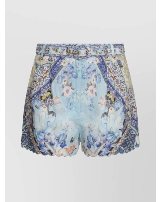 Camilla Blue Hemline Shorts With Floral Pattern And Belt