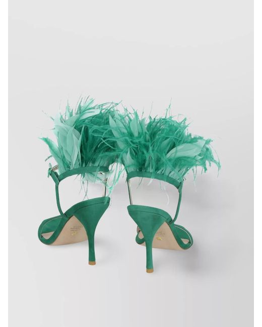 Stuart Weitzman Green Feather-Embellished Leather Sandals