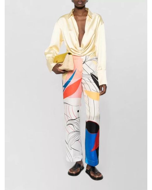 F.R.S For Restless Sleepers White Silk Trousers Bold Motif Wide Leg