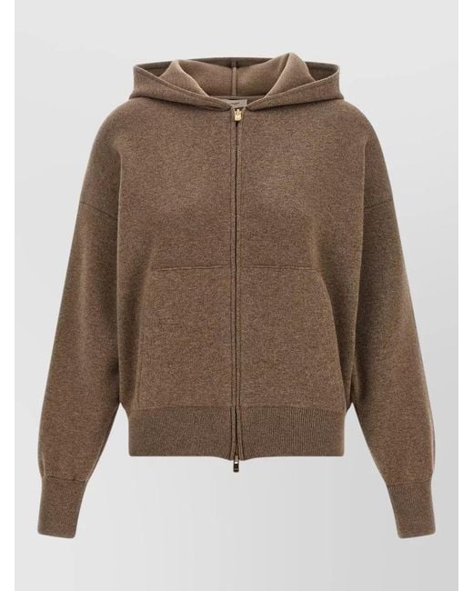 Agnona Brown Cashmere Wool Silk Hooded Zip Sweater