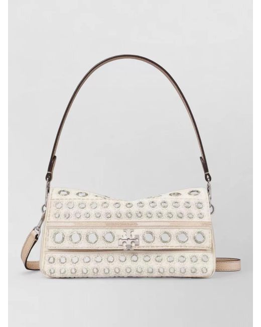Tory Burch Natural Charlie Silk Crossbody Bag Studded Strap