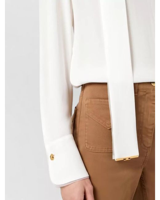 Elisabetta Franchi White Viscose Georgette V-Neck Long-Sleeve Relaxed-Fit Blouse