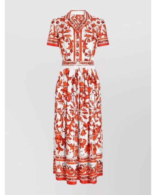 Dolce & Gabbana Red Silk Majolica Print Midi Dress