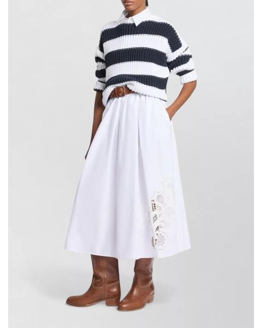 Fay White Cotton A Line Lace Midi Skirt