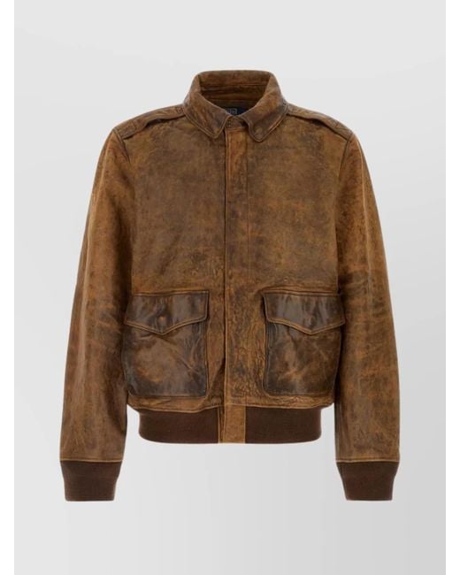 Polo Ralph Lauren Brown Jacket Leather Collar Pockets Ribbed Cuffs Hem for men