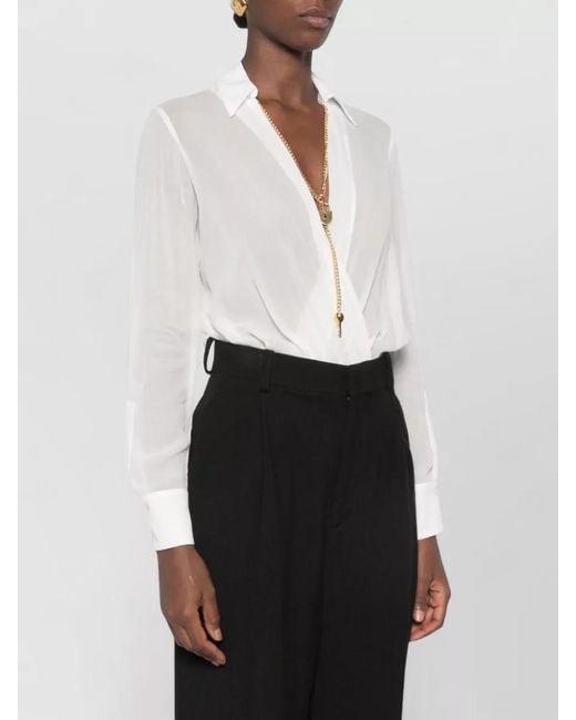 Elisabetta Franchi White Long Sleeve Sheer Wrap Thong Bodysuit
