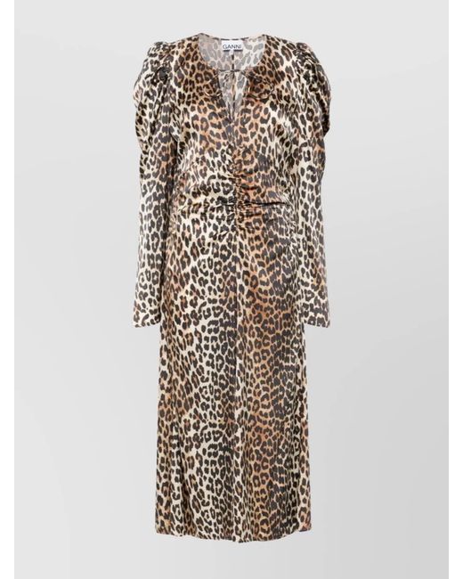 Ganni Natural Leopard Print Ruched V-Neck Midi Dress
