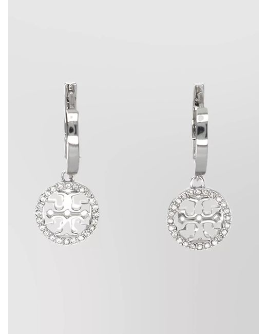 Tory Burch White Pave Circular Pendant Hoop Earring