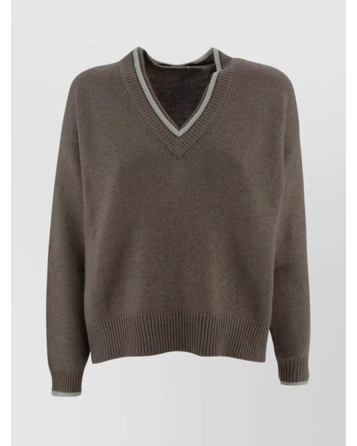 Brunello Cucinelli Brown Ribbed V-Neck Sweater Contrasting Border