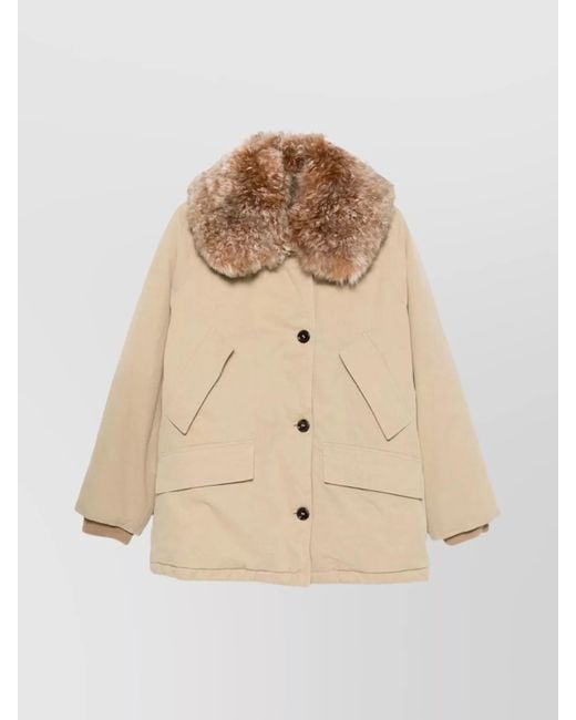 Prada Women's Natural Long Sleeve Coat With Faux Fur Collar