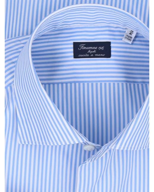 Finamore 1925 Blue Striped Button Down Collar Shirt Long Sleeves for men