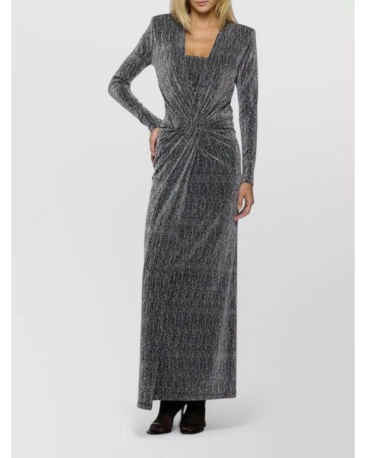 SIMONA CORSELLINI Gray Dress Front Slit Long Sleeves Metallic Ruched Square Neckline