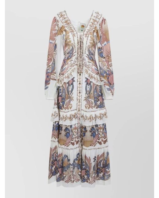 Farm Rio White Floral Long Sleeve Tiered Ruffle V Neck Dress