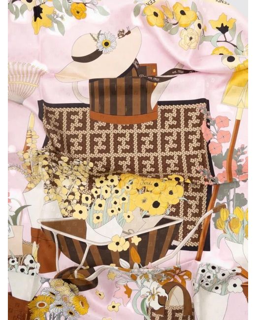 Fendi Brown Silk Foulard Square Shape Floral Print