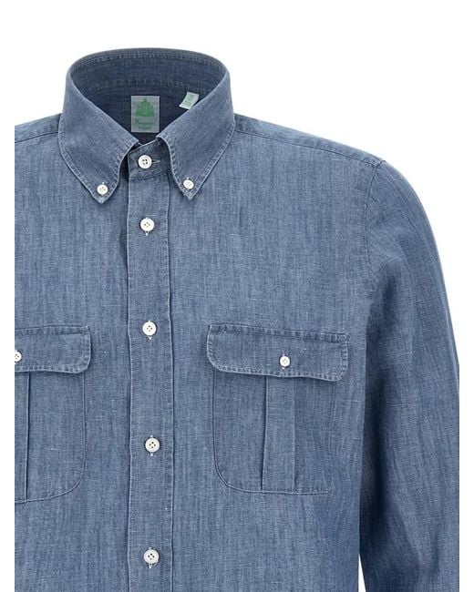 Finamore 1925 Blue Zurigo Shirt Button Collar Chest Pockets for men