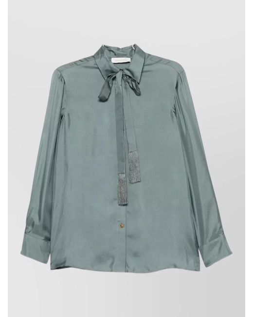 Zimmermann Blue Silk Shirt Long Sleeves Pussy Bow Tassels