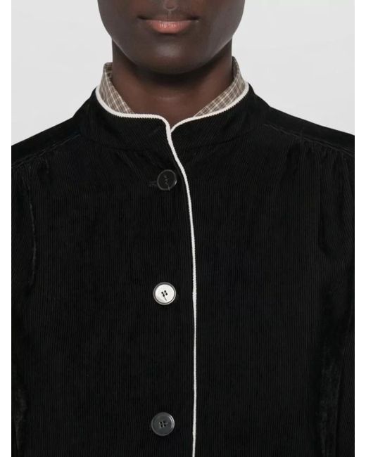Forte_forte Black Corduroy Stand Collar Jacket Contrast Piping