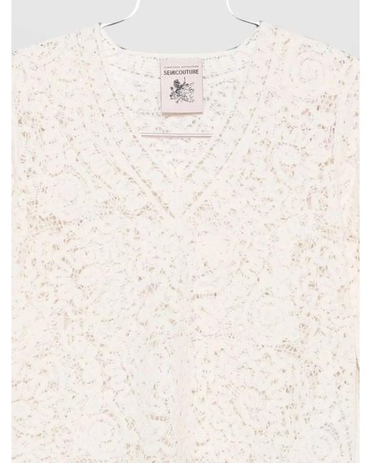 Semicouture Natural Calanthe Lace Knit V Neck Sweater