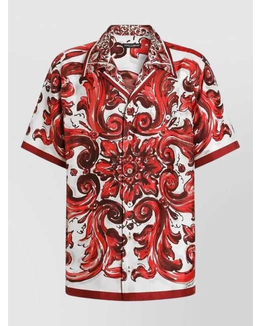 Dolce & Gabbana Red Maiolica Print Short Sleeve Shirt Pocket for men