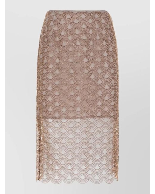 ROTATE BIRGER CHRISTENSEN Natural Sheer Overlay Skirt Embellished Design Scalloped Hem