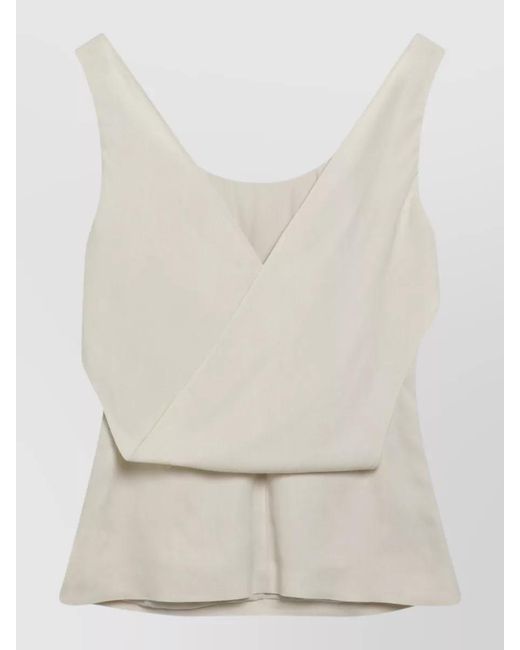 Brunello Cucinelli Natural Sleeveless V Neck Viscose Linen Top