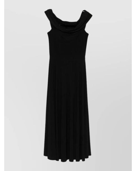 Norma Kamali Black Off Shoulder Midi Dress Pleated Skirt Draped