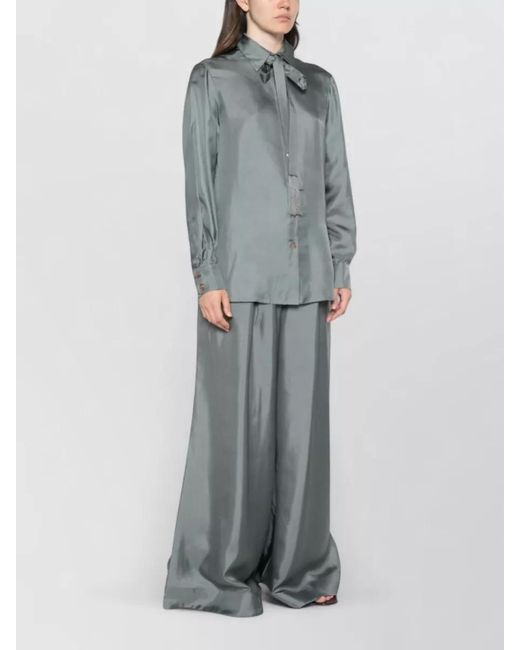 Zimmermann Blue Silk Shirt Long Sleeves Pussy Bow Tassels