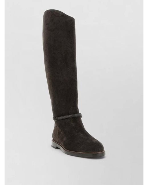 Brunello Cucinelli Black Suede Knee High Boots Block Heel