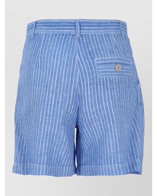 120% Lino Blue Striped Bermuda Shorts Pleated Front Belt Loops